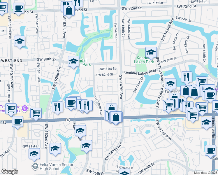 map of restaurants, bars, coffee shops, grocery stores, and more near 8566 Southwest 83rd Lane in Miami