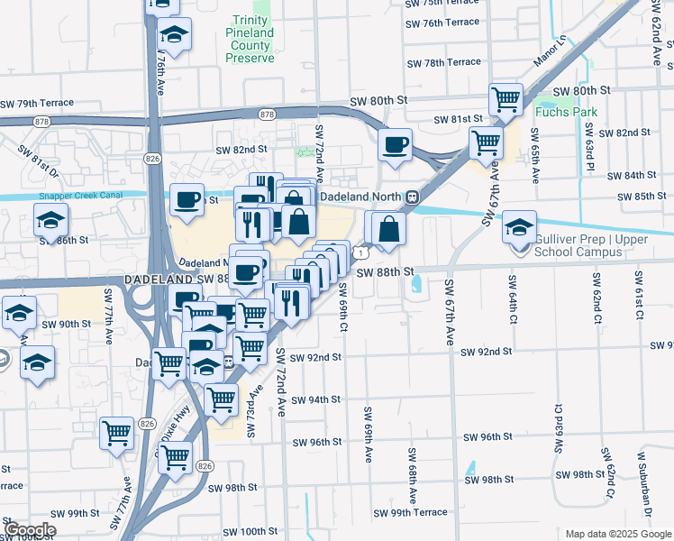 map of restaurants, bars, coffee shops, grocery stores, and more near 8796 South Dixie Highway in Miami