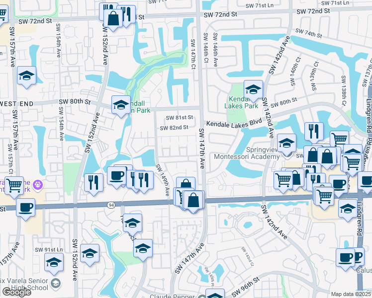 map of restaurants, bars, coffee shops, grocery stores, and more near 8566 Southwest 83rd Lane in Miami