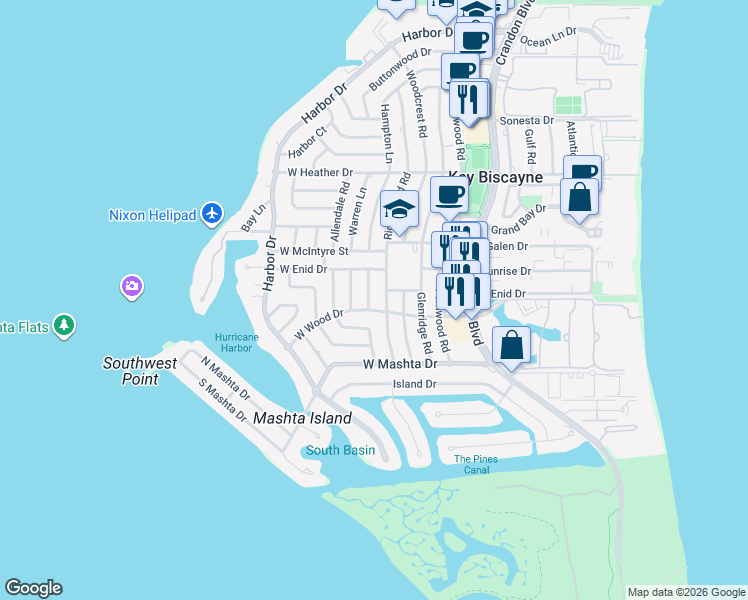 map of restaurants, bars, coffee shops, grocery stores, and more near 676 Ridgewood Road in Key Biscayne
