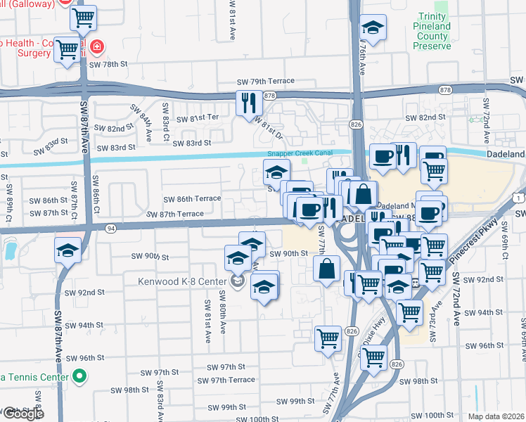 map of restaurants, bars, coffee shops, grocery stores, and more near 7974 Southwest 86th Terrace in Miami