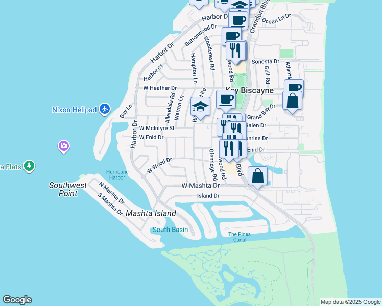 map of restaurants, bars, coffee shops, grocery stores, and more near 676 Ridgewood Road in Key Biscayne