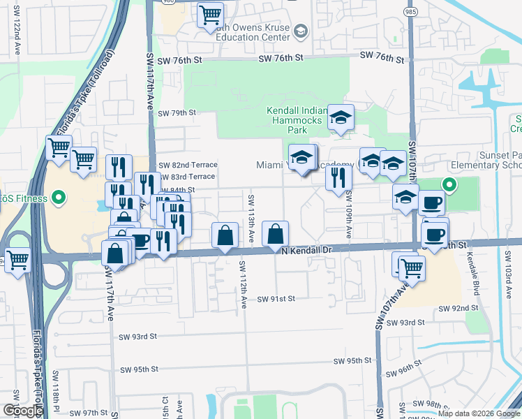 map of restaurants, bars, coffee shops, grocery stores, and more near 8573 Southwest 113th Avenue in Miami