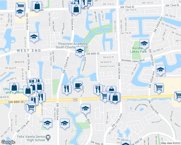 map of restaurants, bars, coffee shops, grocery stores, and more near 8260 Southwest 149th Court in Miami
