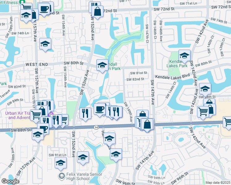 map of restaurants, bars, coffee shops, grocery stores, and more near 8260 Southwest 149th Court in Miami