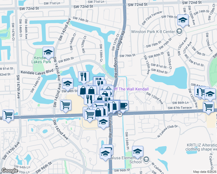 map of restaurants, bars, coffee shops, grocery stores, and more near 11701 Southwest 84th Street in Miami