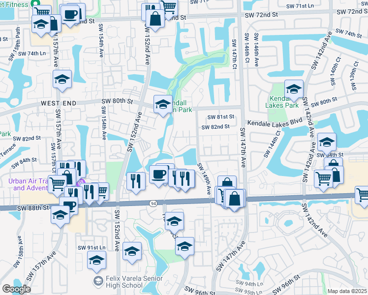 map of restaurants, bars, coffee shops, grocery stores, and more near 8260 Southwest 149th Court in Miami