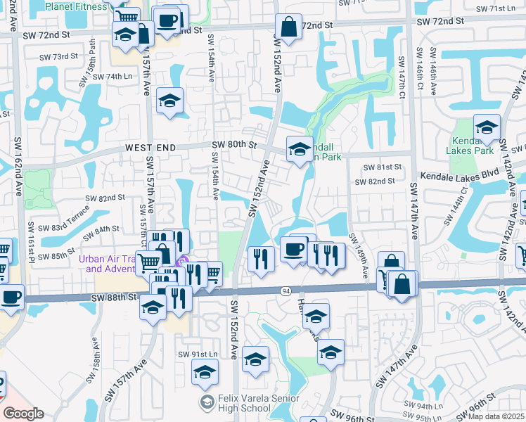 map of restaurants, bars, coffee shops, grocery stores, and more near 13970 SW 111 Street in Miami