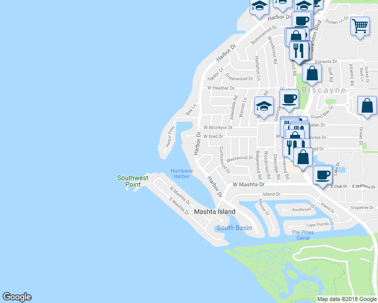 map of restaurants, bars, coffee shops, grocery stores, and more near 670 Harbor Drive in Key Biscayne