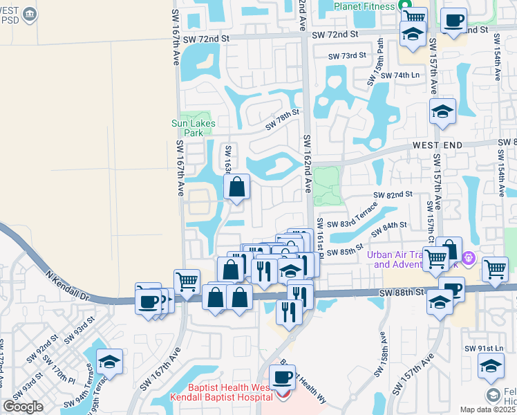 map of restaurants, bars, coffee shops, grocery stores, and more near 8187 Southwest 163rd Court in Miami