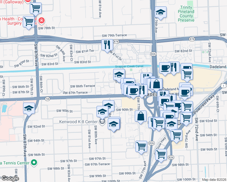 map of restaurants, bars, coffee shops, grocery stores, and more near 7974 Southwest 86th Terrace in Miami