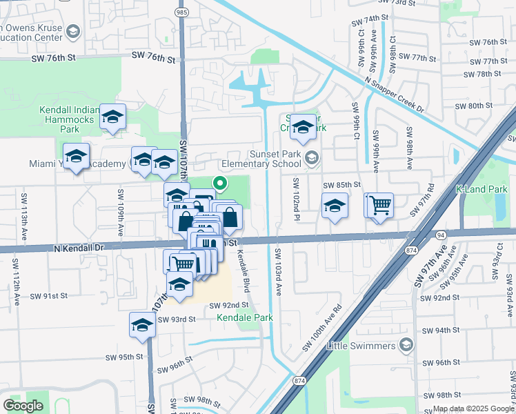 map of restaurants, bars, coffee shops, grocery stores, and more near 10393 North Kendall Drive in Miami