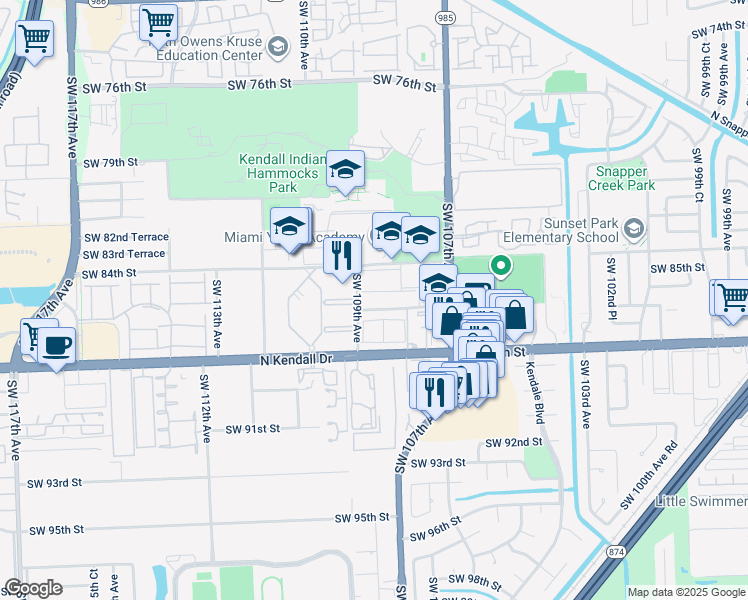 map of restaurants, bars, coffee shops, grocery stores, and more near 10825 Southwest 86th Street in Miami