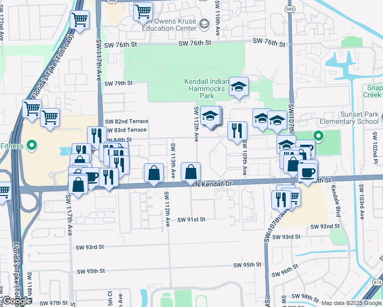 map of restaurants, bars, coffee shops, grocery stores, and more near 11265 Southwest 88th Street in Miami