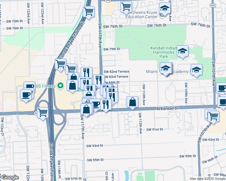 map of restaurants, bars, coffee shops, grocery stores, and more near 8562 Southwest 115th Court in Miami