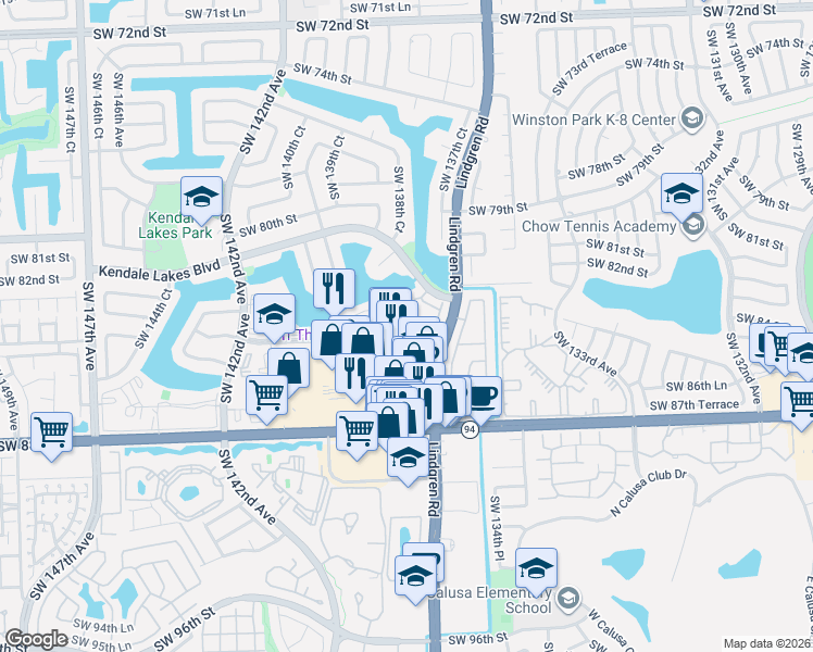 map of restaurants, bars, coffee shops, grocery stores, and more near 13735 Southwest 84th Street in Miami