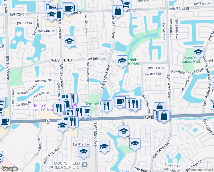 map of restaurants, bars, coffee shops, grocery stores, and more near 13970 SW 111 Street in Miami