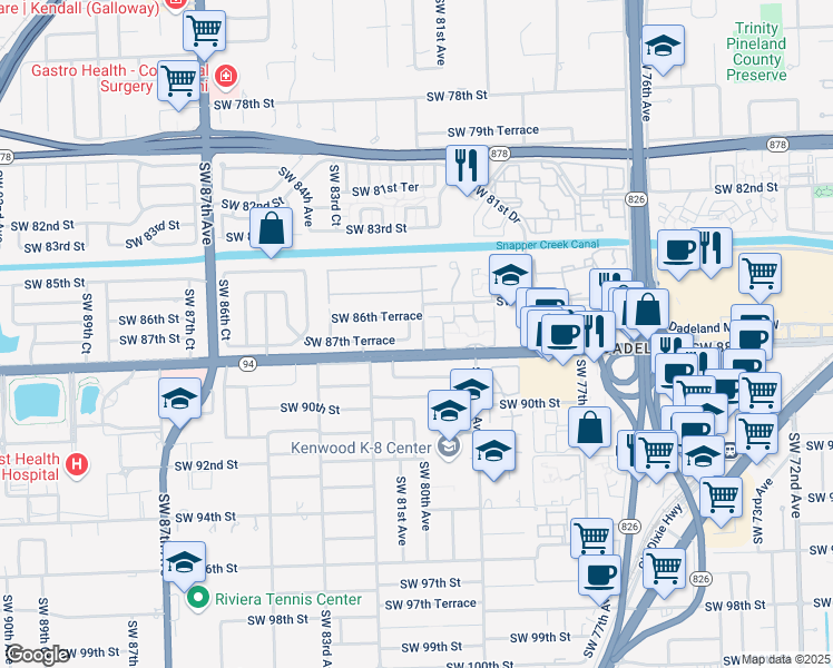 map of restaurants, bars, coffee shops, grocery stores, and more near 8133 Southwest 87th Terrace in Miami