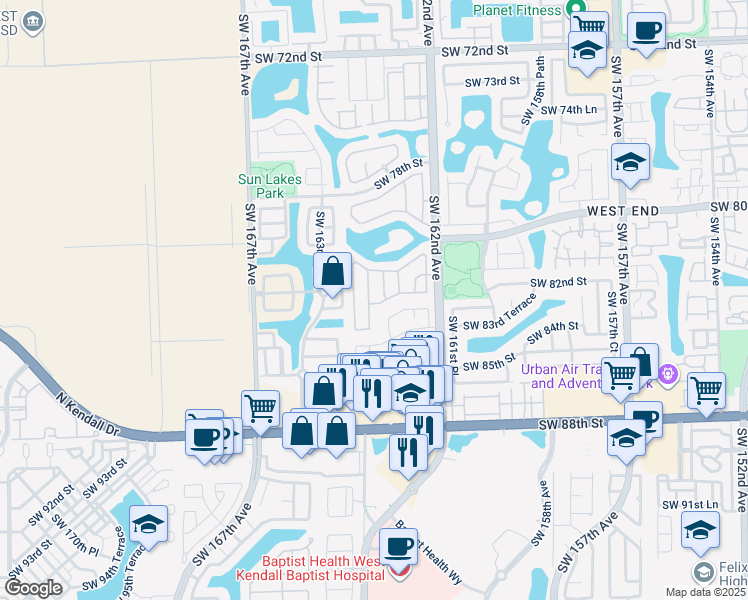 map of restaurants, bars, coffee shops, grocery stores, and more near 8187 Southwest 163rd Court in Miami