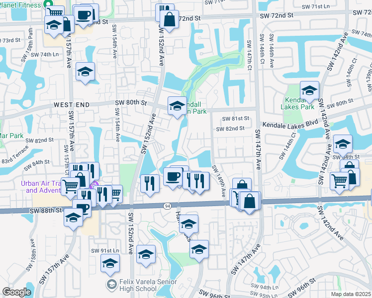 map of restaurants, bars, coffee shops, grocery stores, and more near 8260 Southwest 149th Court in Miami