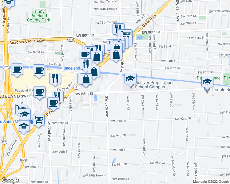 map of restaurants, bars, coffee shops, grocery stores, and more near 6550 Southwest 88th Street in Pinecrest