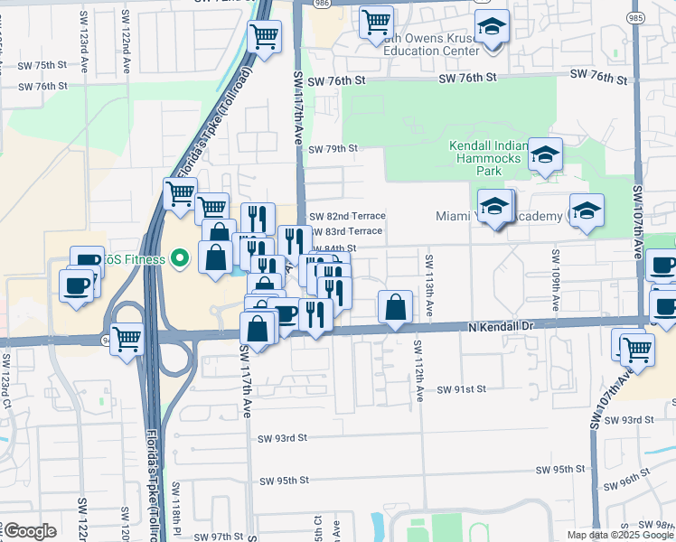 map of restaurants, bars, coffee shops, grocery stores, and more near 8562 Southwest 115th Court in Miami