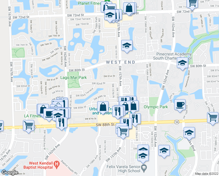 map of restaurants, bars, coffee shops, grocery stores, and more near 8293 Southwest 158th Avenue in Miami