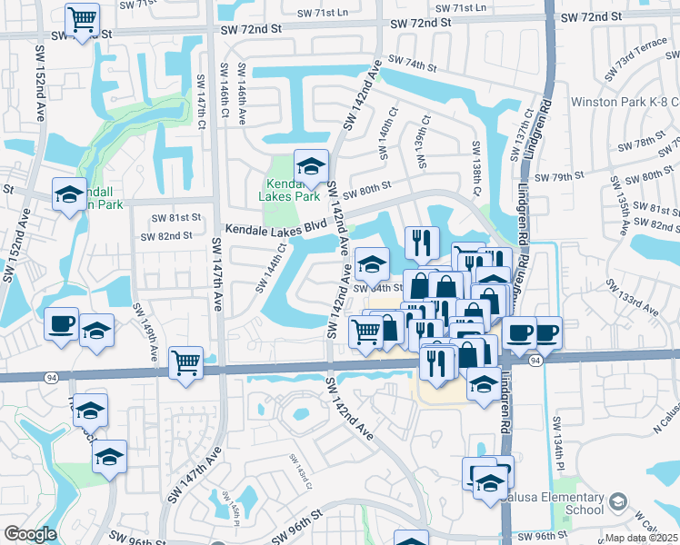 map of restaurants, bars, coffee shops, grocery stores, and more near 8320 Southwest 142nd Avenue in Miami