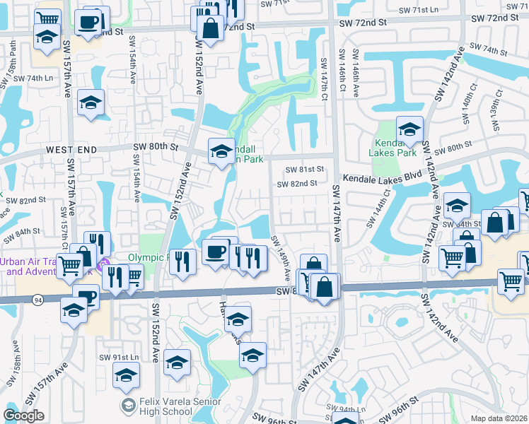 map of restaurants, bars, coffee shops, grocery stores, and more near 14902 Southwest 82nd Lane in Miami