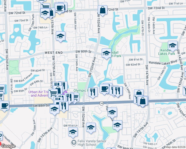 map of restaurants, bars, coffee shops, grocery stores, and more near 13970 SW 111 Street in Miami