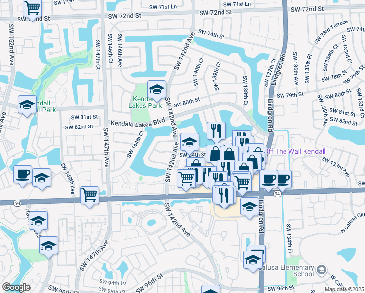 map of restaurants, bars, coffee shops, grocery stores, and more near 8320 Southwest 142nd Avenue in Miami