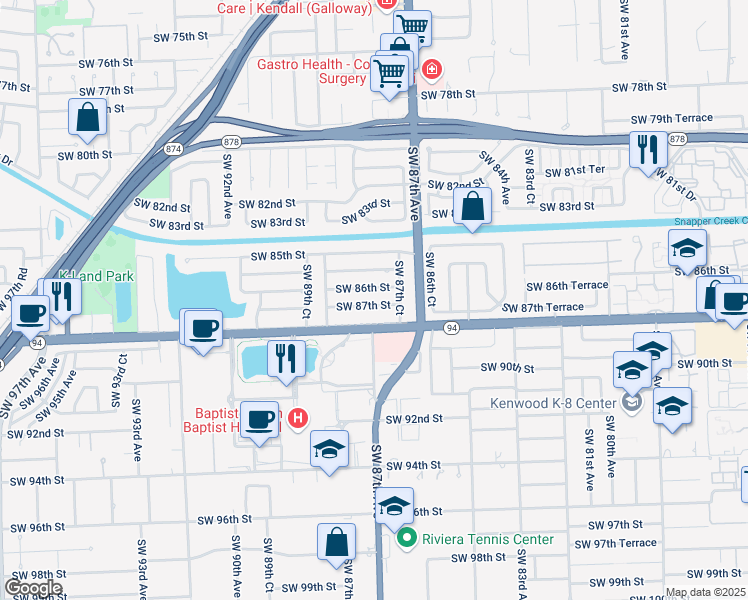 map of restaurants, bars, coffee shops, grocery stores, and more near 8791 Southwest 87th Street in Miami