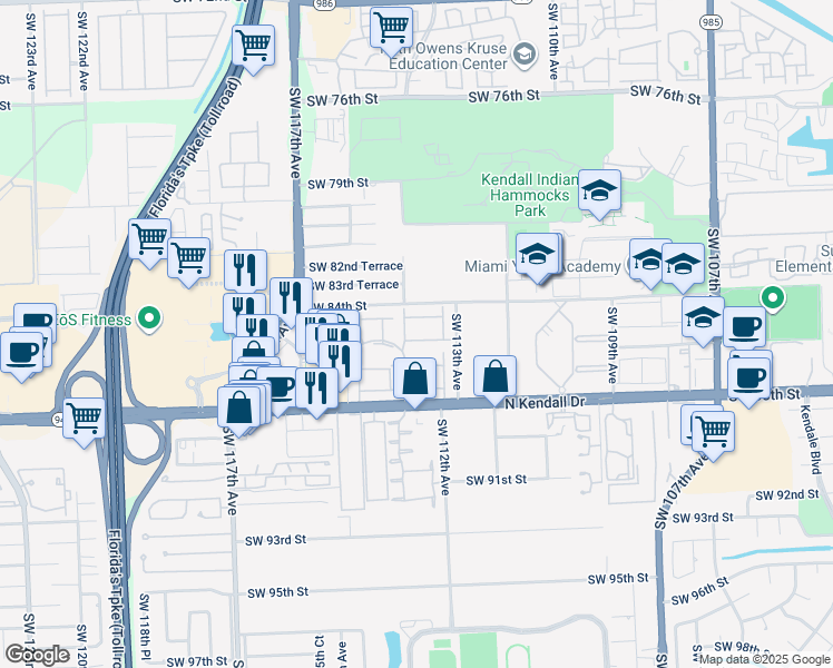 map of restaurants, bars, coffee shops, grocery stores, and more near 11377 Southwest 85th Lane in Miami