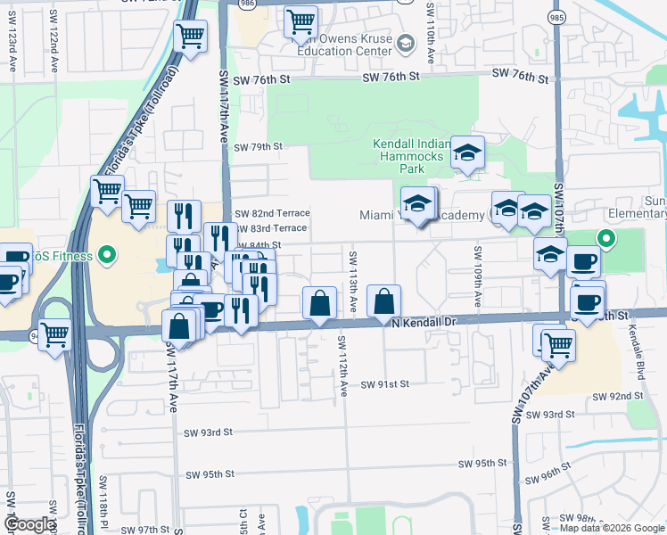 map of restaurants, bars, coffee shops, grocery stores, and more near 11377 Southwest 85th Lane in Miami
