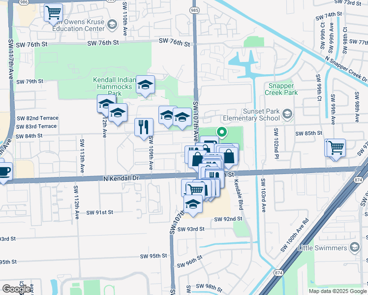 map of restaurants, bars, coffee shops, grocery stores, and more near 8536 Southwest 107th Avenue in Miami