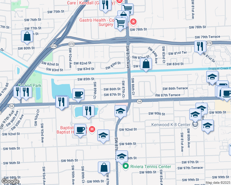 map of restaurants, bars, coffee shops, grocery stores, and more near 8791 Southwest 87th Street in Miami