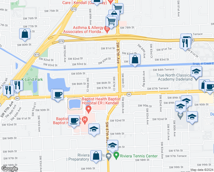 map of restaurants, bars, coffee shops, grocery stores, and more near 8791 Southwest 87th Street in Miami