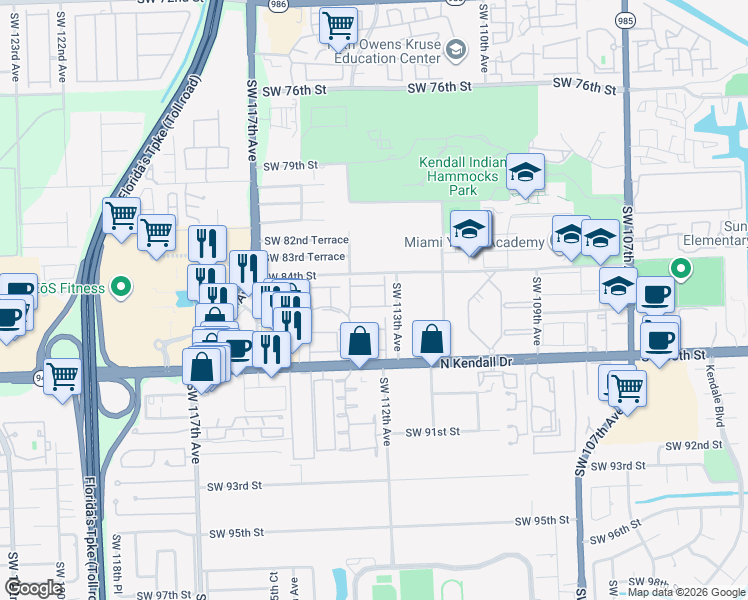 map of restaurants, bars, coffee shops, grocery stores, and more near 11377 Southwest 85th Lane in Miami