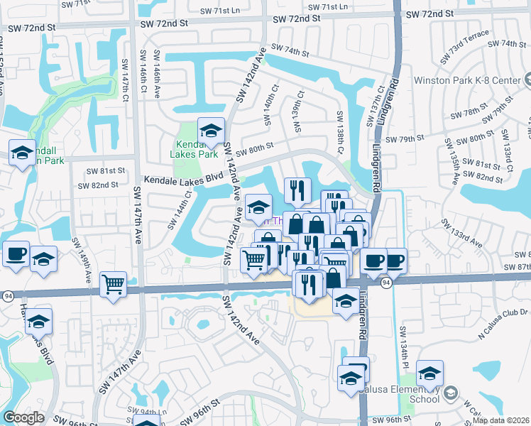 map of restaurants, bars, coffee shops, grocery stores, and more near 14039 Southwest 84th Street in Miami