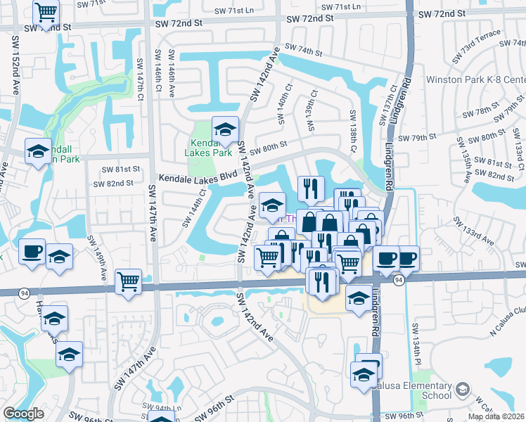 map of restaurants, bars, coffee shops, grocery stores, and more near 8320 Southwest 142nd Avenue in Miami