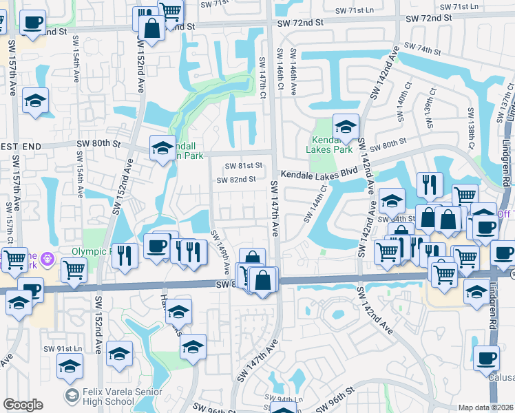 map of restaurants, bars, coffee shops, grocery stores, and more near 8566 Southwest 83rd Lane in Miami