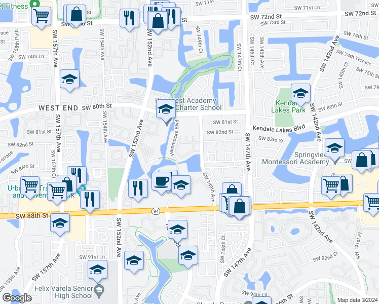map of restaurants, bars, coffee shops, grocery stores, and more near 14902 Southwest 82nd Lane in Miami
