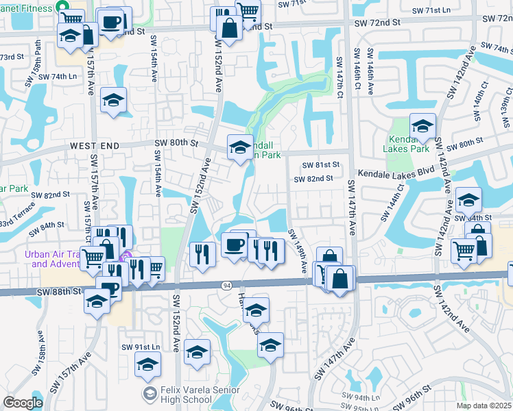 map of restaurants, bars, coffee shops, grocery stores, and more near 8260 Southwest 149th Court in Miami