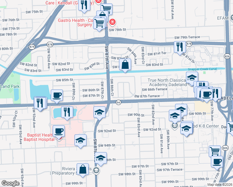map of restaurants, bars, coffee shops, grocery stores, and more near 8700 SW 86th Ave in Miami