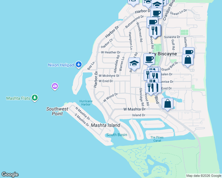 map of restaurants, bars, coffee shops, grocery stores, and more near 665 Curtiswood Drive in Key Biscayne