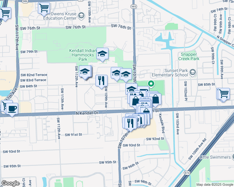 map of restaurants, bars, coffee shops, grocery stores, and more near 10825 Southwest 86th Street in Miami