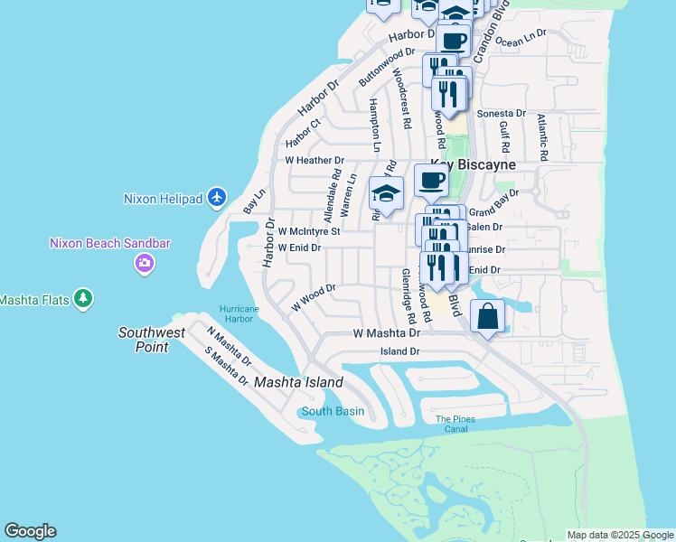 map of restaurants, bars, coffee shops, grocery stores, and more near 660 Warren Lane in Key Biscayne
