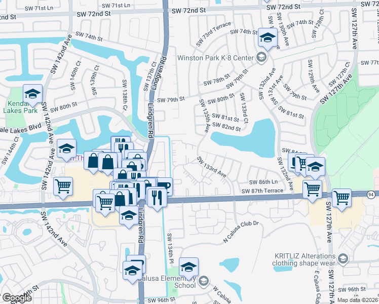 map of restaurants, bars, coffee shops, grocery stores, and more near 8420 Southwest 133rd Avenue in Miami