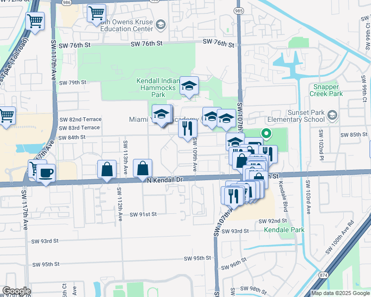 map of restaurants, bars, coffee shops, grocery stores, and more near 8550 Southwest 109th Avenue in Miami