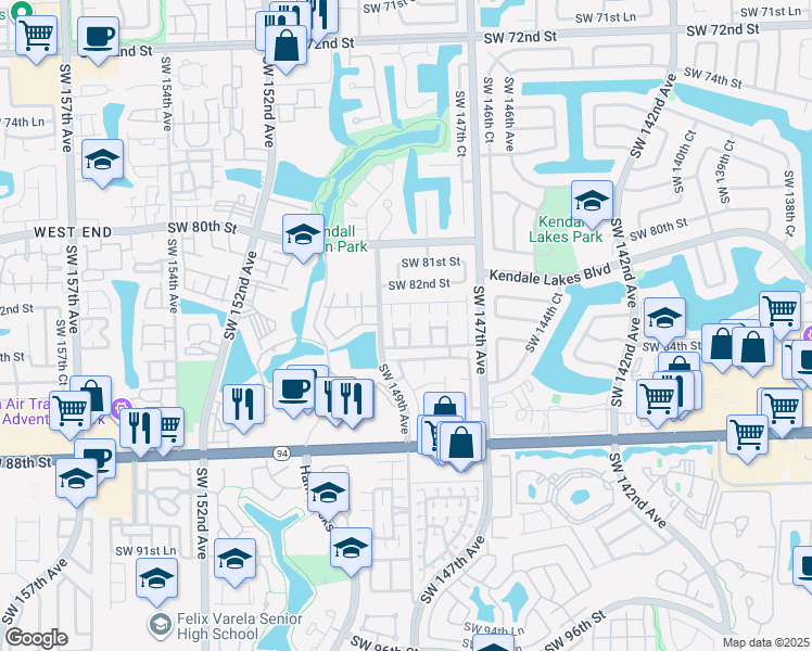 map of restaurants, bars, coffee shops, grocery stores, and more near 14835 SW 83rd Ln in Miami